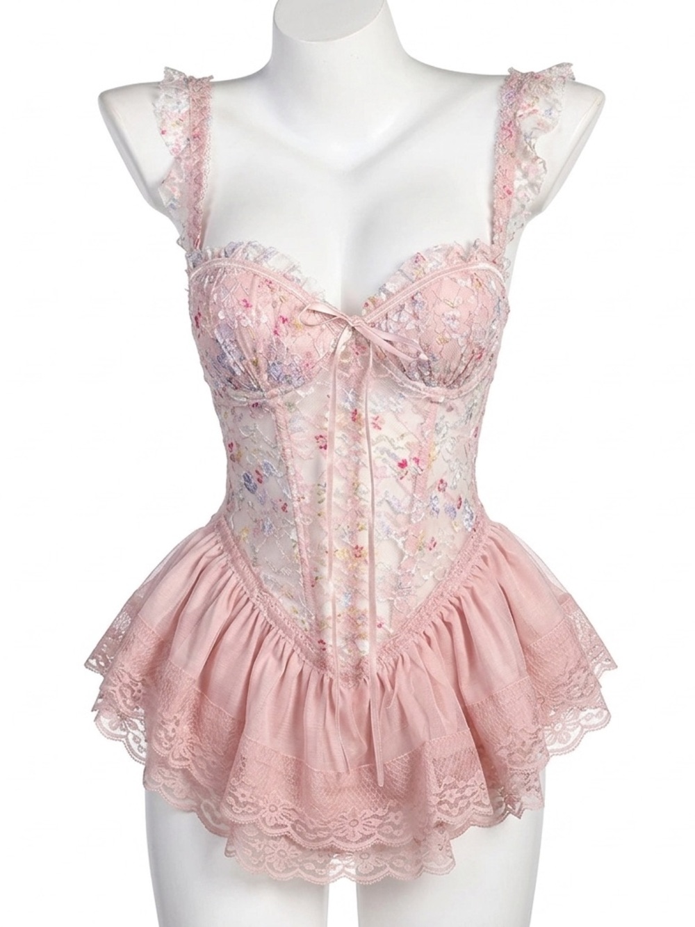 Delicate Pink Lace Corset Bustier Romper Intimate Coquette Aesthetic Balletcore